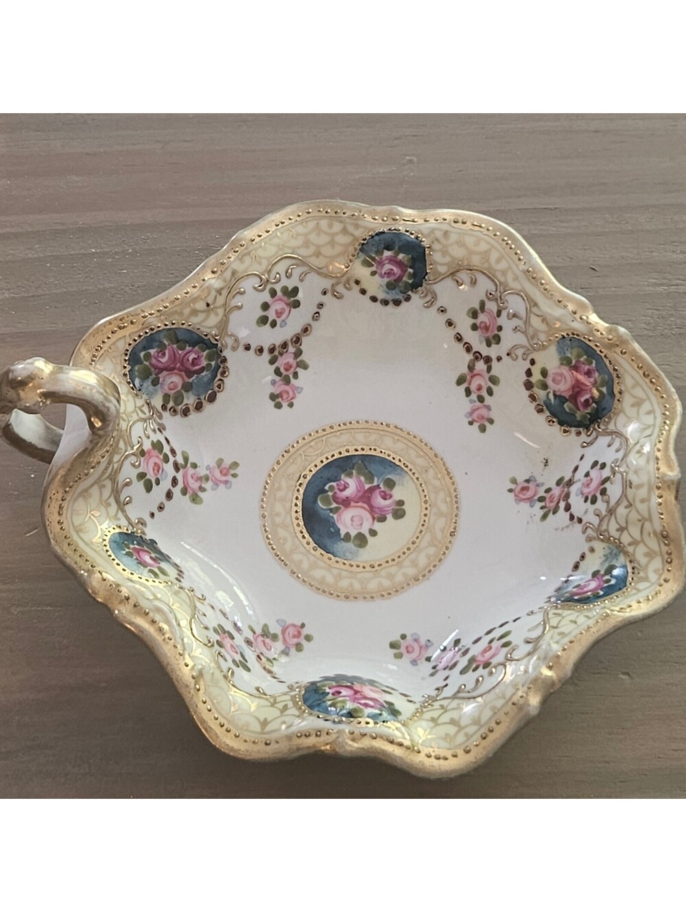 Antique Nippon Hand Painted Porcelain Bonbon Dish Pink Roses Gold Moriage 6"